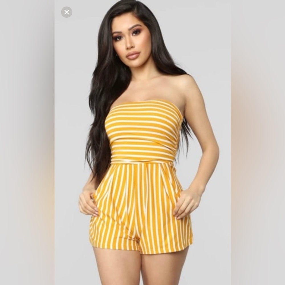 Fashion Nova Mustard and White Strapless Jumpsuit